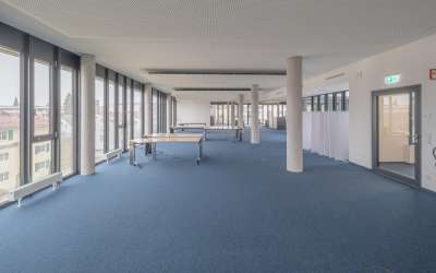 Großraumbüro in einer halben Etage - hier wird pefektes Arbeiten von makanter Architektur und Tageslicht unterstützt